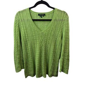 Lauren Ralph Lauren Womens Linen Cable Knit Sweater Size M Green Preppy Tennis